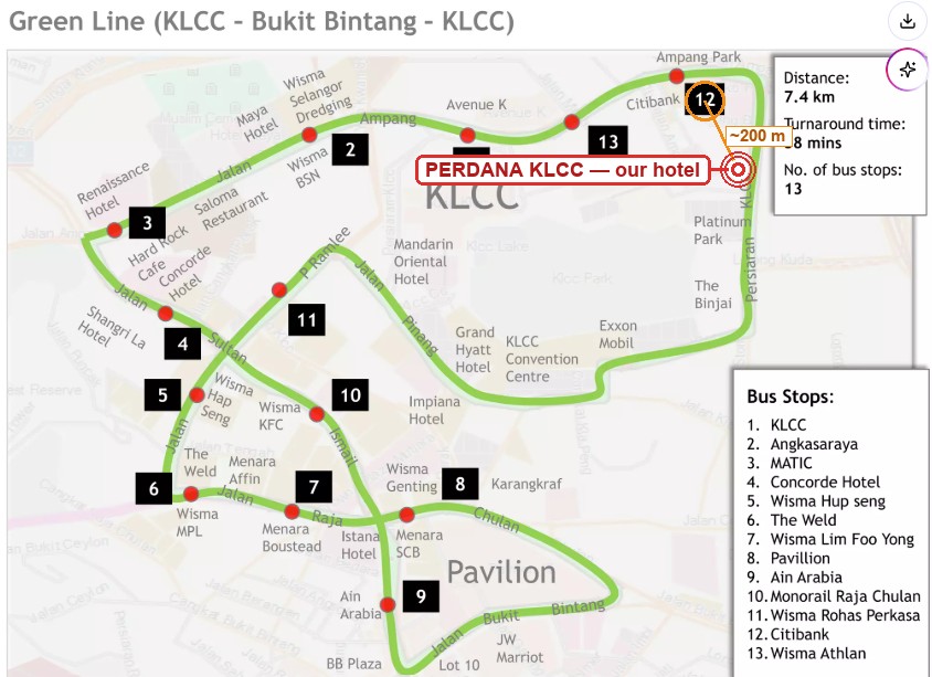GOKL Green Line route map with Perdana KLCC marked